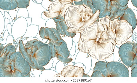 Vintage luxury seamless floral background with golden orchid flowers. Romantic pattern template for wall decor, wallpaper, wedding invitations, ceremonies, cards.