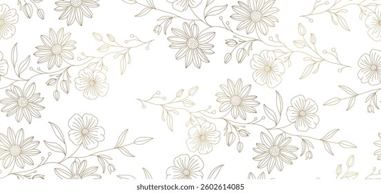 Vintage luxury seamless floral background with golden lilies flowers. Romantic pattern template for wall decor, wallpaper, wedding invitations, ceremonies, cards.