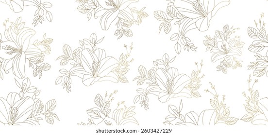 Vintage luxury seamless floral background with golden lilies flowers. Romantic pattern template for wall decor, wallpaper, wedding invitations, ceremonies, cards.