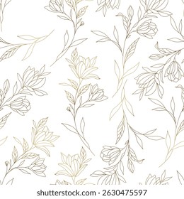 Vintage luxury seamless floral background with golden lilies flowers. Romantic pattern template for wall decor, wallpaper, wedding invitations, ceremonies, cards.	