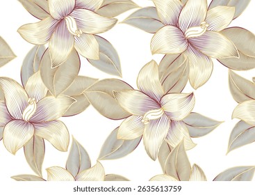 Vintage luxury seamless floral background with golden lilies flowers. Abstract pattern with gold line flowers. Spring art for wedding invitations, boarder