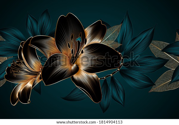 Vintage luxury seamless floral background with golden lilies flowers. Romantic pattern template. 