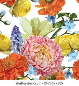 Vintage luxury seamless pattern with detailed hand drawn flowers - blooming zinnia, astra, tulips, daisy and herbs.