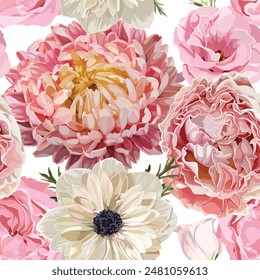 Vintage luxury seamless pattern with detailed hand drawn flowers - blooming anemone, astra, rose, anemone.