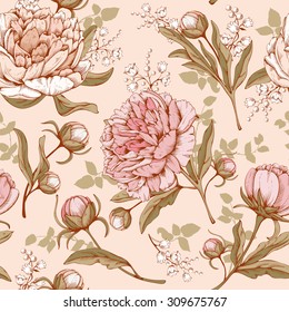 Vintage luxury seamless pattern with detailed hand drawn flowers - blooming peony. Vector. Easy to edit.