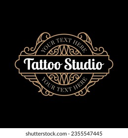 Vintage luxury tattoo studio lettering logo with decorative ornamental frame. - Vector.