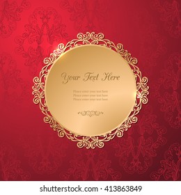 Vintage luxury vector background. Golden decorated filigree frame on red damask pattern. Template for your design. EPS 10