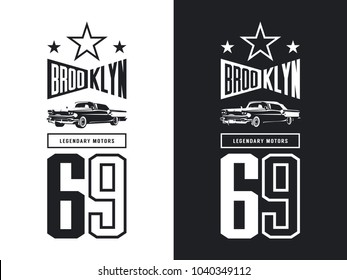 Vintage luxury vehicle black and white isolated vector logo. Premium quality classic car logotype tee-shirt emblem illustration. Brooklyn, New York street wear number hipster retro tee print design.
