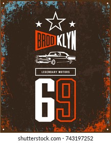 Vintage luxury vehicle vector logo isolated on dark background. Premium quality classic car logotype tee-shirt emblem illustration. Brooklyn, New York street wear number retro tee print design.