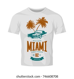 Vintage luxury vehicle vector logo isolated on white t-shirt mock up. Premium quality classic car logotype tee-shirt emblem illustration. Miami, Florida street wear superior retro tee print design.