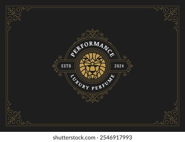 Vintage luxury Victorian logo for beauty brand with antique mystic lion design template vector illustration. Elegant premium flourishes calligraphic decoration emblem with leo portrait fashion stylist