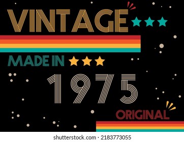 Viñeta hecha en 1975 fuente original retro. Vector con año de cumpleaños sobre fondo negro.