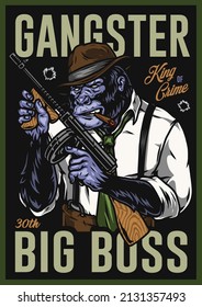 Vintage mafia colorful vertical poster with big boss gorilla in suspenders and fedora hat smoking cigar and holding submachine against black background with bullet holes, vector illustration