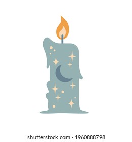 Vintage magic boho candle light with stars and moon isolated on white background. Vector flat illustration. Design for tarot card, christmas eve, astrology print