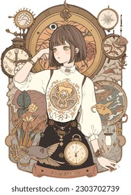 The Vintage Magic Girl Victorian pocket watch illustration is a stunning design that captures the essence of a bygone era. 