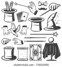 Vintage magic illusion elements collection with hats ball rabbit pigeon gloves scroll paper box wands cards mustache isolated vector illustration 