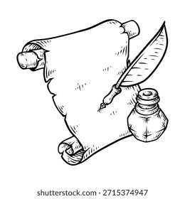 Vintage Magic Scroll y la línea de Vector de la pluma antigua ilustración dibujada a mano