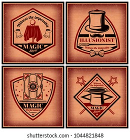 Vintage Magic Show Brochures Set With Inscriptions Magical Ball Safe Wands Hats And Gloves Isolated Vector Illustration.