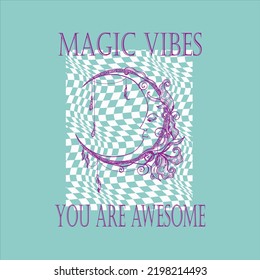 Vintage magic vibes slogan print with crescent moon and esoteric sun, stars illustration for girl tee t shirt or poster