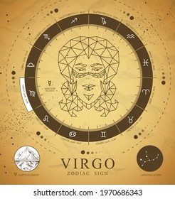 Vintage magic witchcraft card with astrology Virgo zodiac sign. Polygonal woman head. Zodiac characteristic