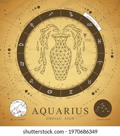 Vintage magic witchcraft card with astrology  Aquarius zodiac sign. Polygonal water jug illustration. Zodiac characteristic