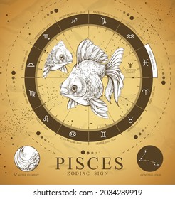 Vintage magic witchcraft card with astrology Pisces zodiac sign. Realistic hand drawing koi fish illustration. Zodiac characteristic