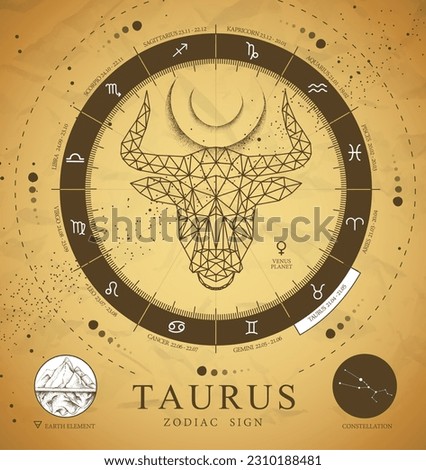 Vintage magic witchcraft card with astrology Taurus polygon zodiac sign. Polygonal bull head. Zodiac characteristic