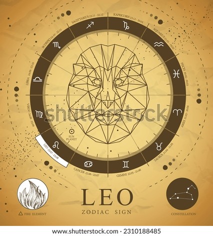 Vintage magic witchcraft card with astrology Leo zodiac sign. Polygonal lion head. Zodiac characteristic