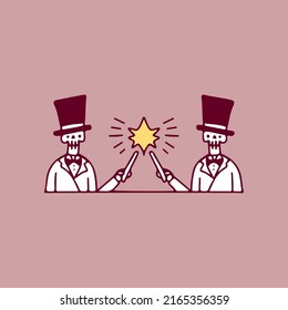 Vintage magician skulls with magic wand, illustration for t-shirt, sticker, or apparel merchandise. With doodle, retro, and cartoon style.