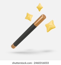 Vintage Magician, wizard show concept. 3d style illustration of a magic fairytale black wand with a yellow, golden stars around. Vector art isolated on white. Web site and mobile app design