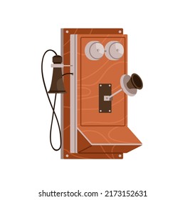 Vintage magneto wall set. Old magnetic telephone of 1907 type. Wood and metal phone design. Antique telecommunication device, tel. Flat vector illustration isolated on white background