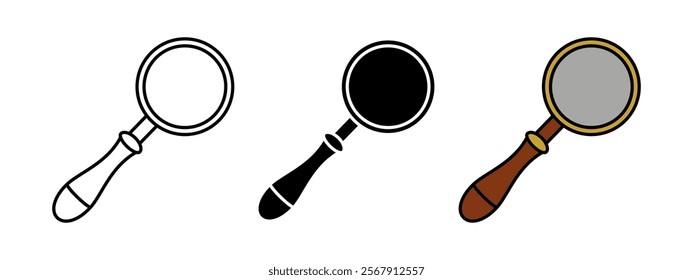 Vintage magnifier icon. Retro magnifying lens vector illustration. Magnify glass symbol. Investigation or detective sign. Searching, finding or looking tool. Optical equipment pictogram. Zoom concept.