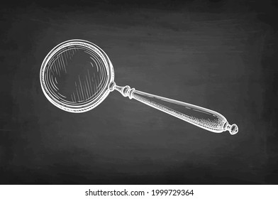 Vintage magnifying glass. Chalk sketch on blackboard background. Hand drawn vector illustration. Retro style.