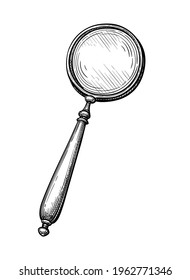 Vintage magnifying glass. Ink sketch isolated on white background. Hand drawn vector illustration. Retro style.