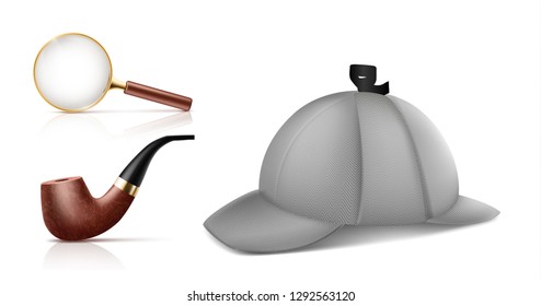 Vintage magnifying glass, retro smoking tobacco pipe and deerstalker cap 3d realistic vector icons set isolated on white background. Private detective accessories, Sherlock Holmes classic attributes