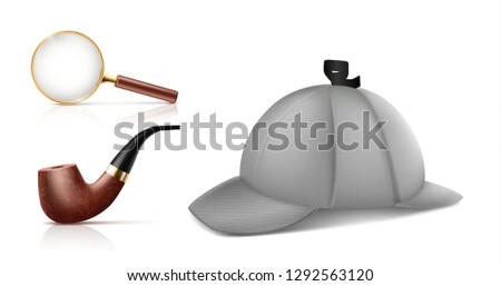 Vintage magnifying glass, retro smoking tobacco pipe and deerstalker cap 3d realistic vector icons set isolated on white background. Private detective accessories, Sherlock Holmes classic attributes