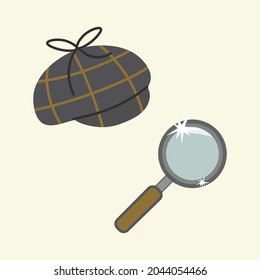 Vintage Magnifying Glass, And A Sleuth Detective Cap. Isolated Vector Icons, On A Muted Yellow Background. Private Detective Accessories, Classic Sherlock Holmes Paraphernalia.