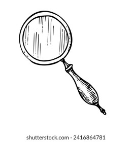 Vintage Magnifying Glass vector illustration. Hand drawn black drawing of old retro Magnifier on isolated white background. Engraving of Loupe for search and explore. Handle tool in linear style.