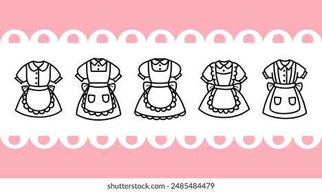 Vintage maid uniforms collection, cute line art style, set of maid dressing costume, traditional fashion design, vector illustration.