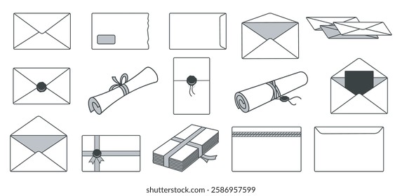 Vintage mail envelope icon set. Line opened and closed envelopes and scrolls with seal and tape isolated vector illustration