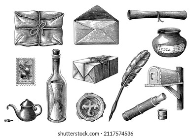 Vintage mail hand draw engraving style black and white clipart