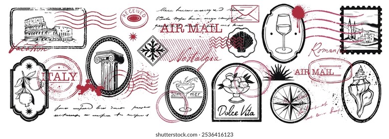 Vintage-Briefmarken-Druck-Set, Vektor-Sommer-Reise-Postkarten-Grunge-Label, antikes Briefumschlag-Siegel-Zeichen. Italienische Briefsammlung, handschriftliche Design Grunge Elemente. Scrapbook Vintage Mail-Logo