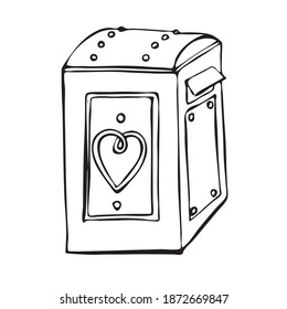 Vintage mailbox black white hand-drawing in the style of engraving. With decorations of hearts and rivets. For valentines, women, mothers day greeting cards graphic design