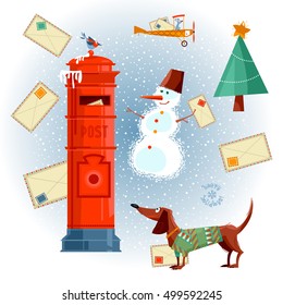 Vintage Mailbox, dachshund, snowman and letters to Santa. Christmas greeting card. Vector illustration.