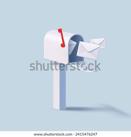Vintage mailboxes with flying out white closed envelopes, post delivery composition, 3d render cartoon realistic style