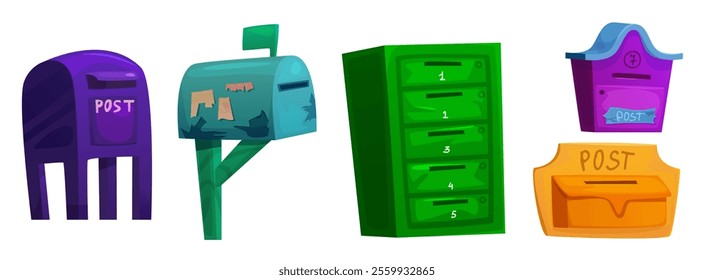 Vintage mailboxes set isolated on white background. Vector cartoon illustration of color letterboxes for mail, postal service, containers for message or parcel delivery, home address numbers on cells