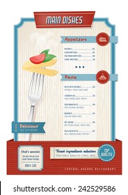 Vintage main course menu with fork and pasta
