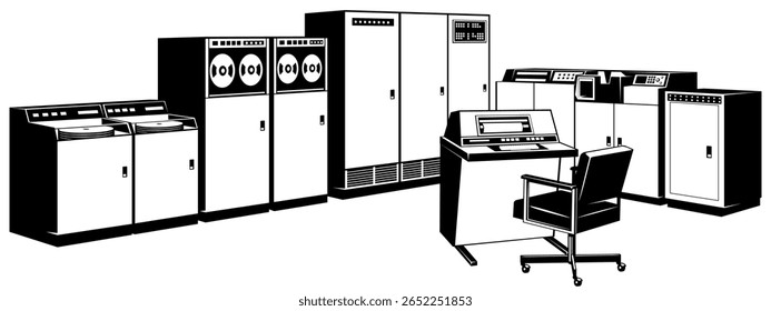 Computador de mainframe Vintage. Gabinetes de processador e memória, drivers de fita e disco, console do operador. Cadeira e console são objetos separados. Cliparts vetoriais isolados no branco.