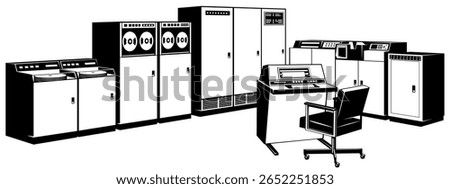 Vintage Mainframe Computer. Processor and memory cabinets, tape and disk drivers, operator console. Chair and console are separate objects. Vector cliparts isolated on white.