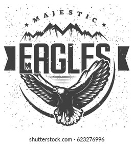 Vintage majestic eagle label template with inscription flying eagle and mountains in monochrome style isolated vector illustration 